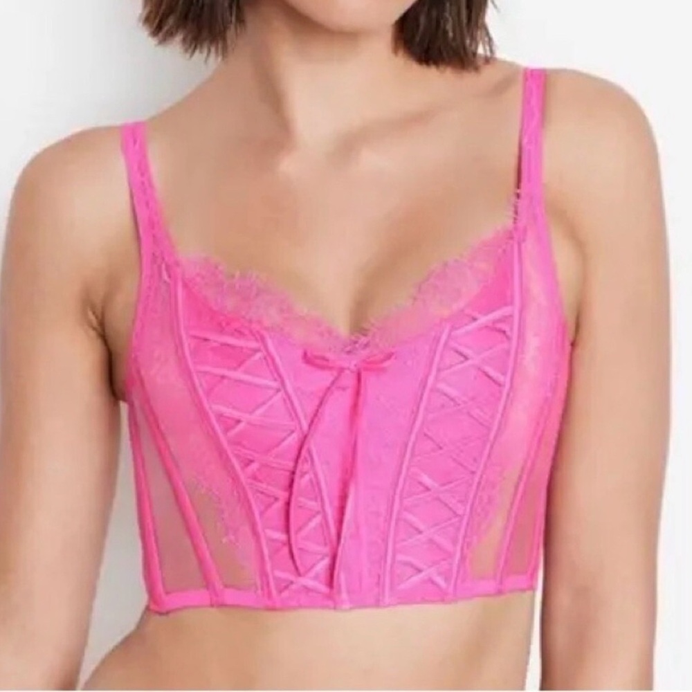 Victorias Secret Dream Angels Hot Pink Unlined Lace Up Corset Top‎ Size S-DD